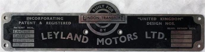London Transport bus BODYBUILDER'S PLATE for Leyland Motors Ltd from one of the 500 RTW-type Leyland