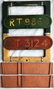 London Transport RT-type bus items comprising BONNET FLEETNUMBER PLATES for RT 986 & RT 3124 (both