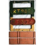 London Transport RT-type bus items comprising BONNET FLEETNUMBER PLATES for RT 986 & RT 3124 (both