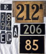 Selection of London bus ROUTE NUMBER PLATES comprising a c1920s wooden board for 212A/212B, 4 x