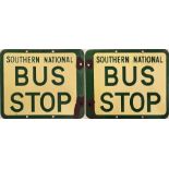 Southern National enamel BUS STOP FLAG. A 1950s/60s double-sided sign in cream and green enamel.