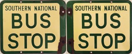Southern National enamel BUS STOP FLAG. A 1950s/60s double-sided sign in cream and green enamel.