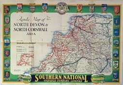 1930s Southern National POSTER ROUTE MAP of bus services in the North Devon & North Cornwall Area. A