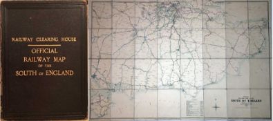 Railway Clearing House OFFICIAL RAILWAY MAP of the South of England dated 1899. Linen-backed, inside