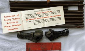 London trolleybus items comprising a DRIVER'S CAB BLIND (concertina), two TROLLEY HEADS, complete