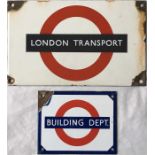 London Transport ENAMEL SIGNS comprising 'London Transport' (7.5" x 4.5"/19cm x 11cm) from a 1950s/