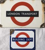 London Transport ENAMEL SIGNS comprising 'London Transport' (7.5" x 4.5"/19cm x 11cm) from a 1950s/