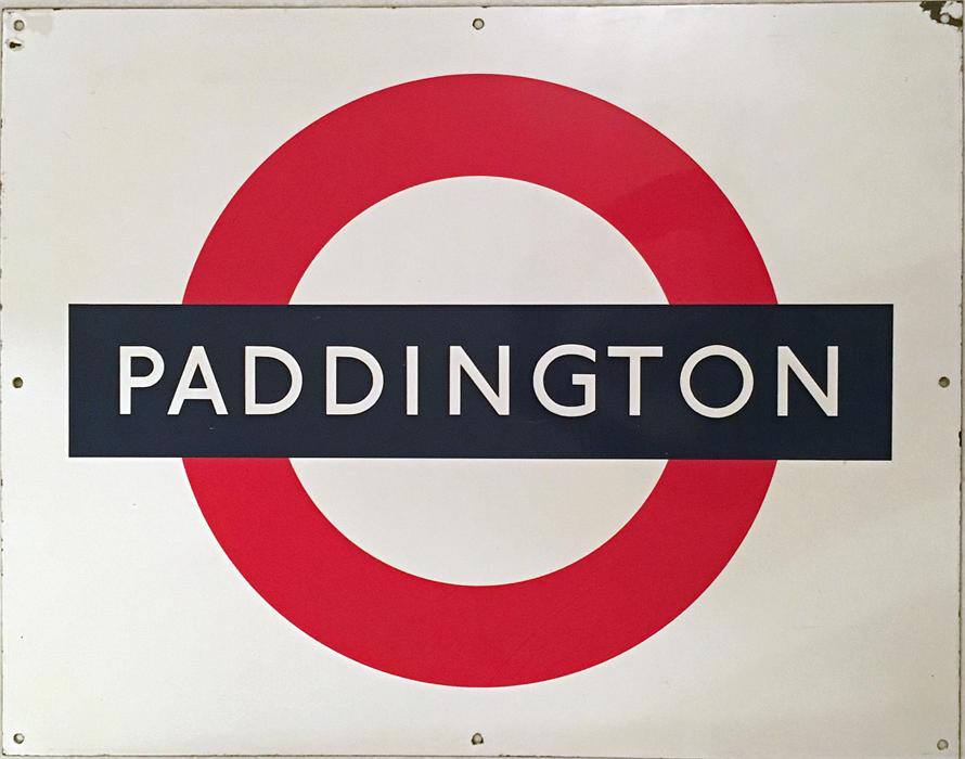London Underground enamel PLATFORM SIGN (track-side) from Paddington station. A 'bullseye' sign,