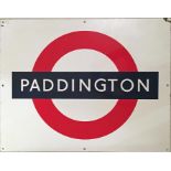 London Underground enamel PLATFORM SIGN (track-side) from Paddington station. A 'bullseye' sign,