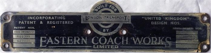 London Transport BODYBUILDER'S PLATE for Eastern Coach Works Ltd from one of the 84 GS-type Guy