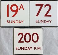 Selection of London Transport bus stop enamel E-PLATES for routes 19A Sunday, 72 Sunday & 200 Sunday