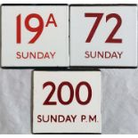 Selection of London Transport bus stop enamel E-PLATES for routes 19A Sunday, 72 Sunday & 200 Sunday