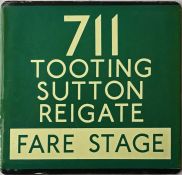 London Transport coach stop enamel E-PLATE for Green Line route 711 destinated Tooting, Sutton,