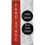 London Transport enamel bus stop FARE STAGE PLATES comprising 2 x circular 1960s style (1 says '