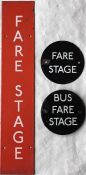 London Transport enamel bus stop FARE STAGE PLATES comprising 2 x circular 1960s style (1 says '