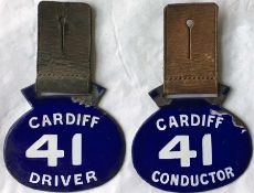 Pair of pre-1935 bus driver's & conductor's LICENCE BADGES from Cardiff Corporation, both numbered