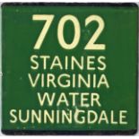 London Transport coach stop enamel E-PLATE for Green Line route 702 destinated Staines, Virginia