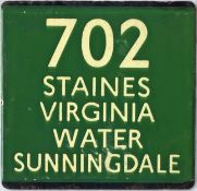 London Transport coach stop enamel E-PLATE for Green Line route 702 destinated Staines, Virginia