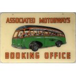 1950s Associated Motorways Booking Office SIGN featuring an illustration of a coach with window-