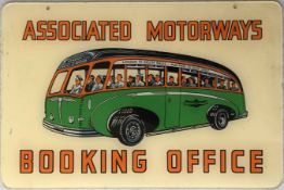 1950s Associated Motorways Booking Office SIGN featuring an illustration of a coach with window-