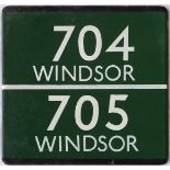 London Transport coach stop enamel E-PLATE for Green Line routes 704 and 705 destinated Windsor in