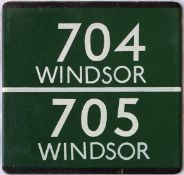 London Transport coach stop enamel E-PLATE for Green Line routes 704 and 705 destinated Windsor in