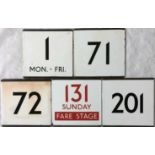 Selection of London Transport bus stop enamel E-PLATES for routes 1 Mon-Fri, 71, 72, 131 Sunday Fare