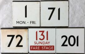 Selection of London Transport bus stop enamel E-PLATES for routes 1 Mon-Fri, 71, 72, 131 Sunday Fare