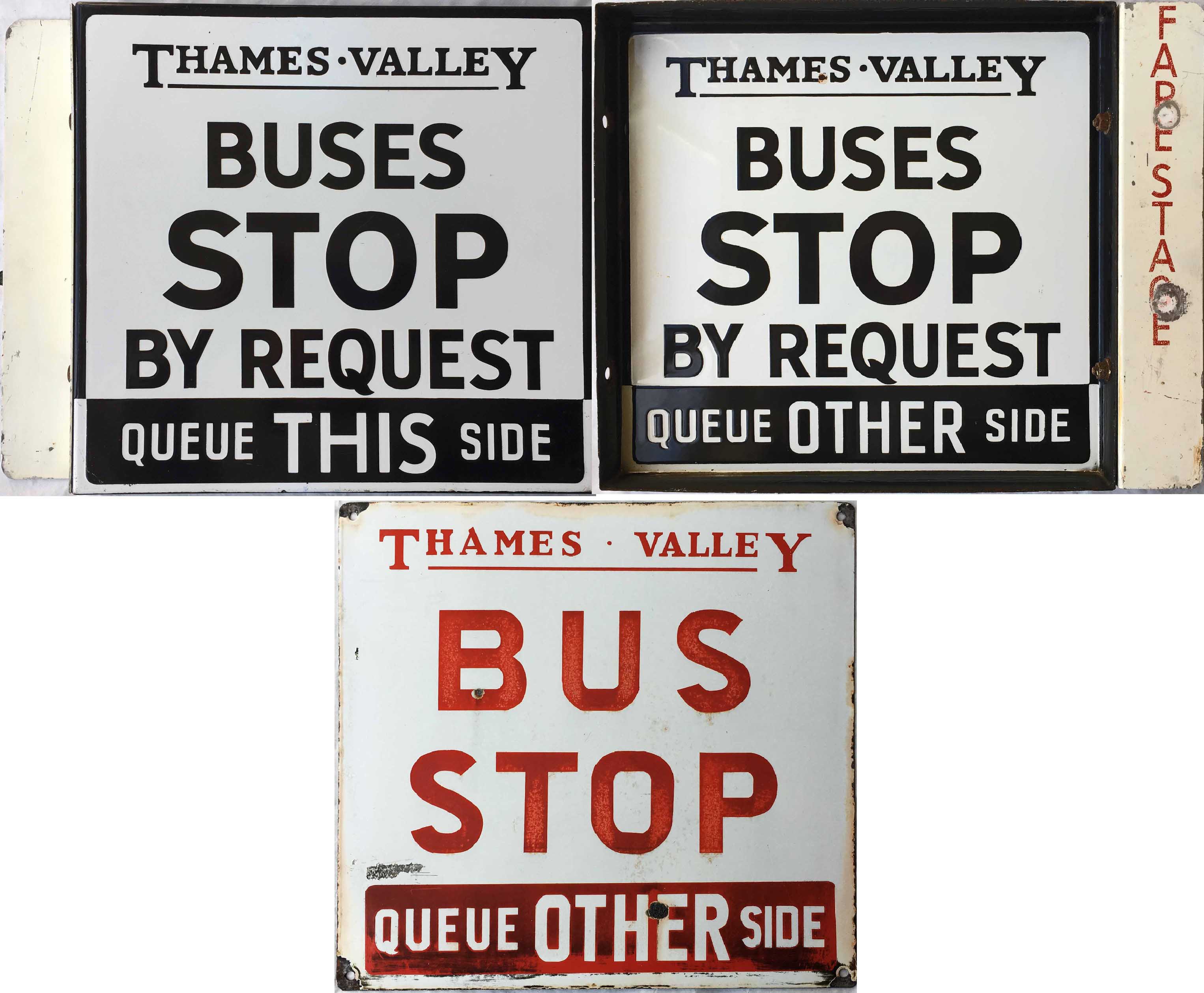 Pair of Thames Valley 1950s/60s enamel BUS STOP FLAGS, the first 'By Request', a double-sided,