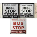 Pair of Thames Valley 1950s/60s enamel BUS STOP FLAGS, the first 'By Request', a double-sided,