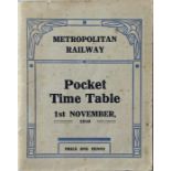 1910 Metropolitan Railway TIMETABLE BOOKLET. Dated 1 November 1910 and 96pp. Includes details of