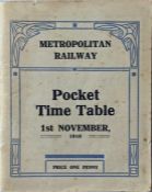 1910 Metropolitan Railway TIMETABLE BOOKLET. Dated 1 November 1910 and 96pp. Includes details of