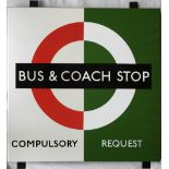 1950s/60s London Transport enamel BUS & COACH STOP SIGN (Bus 'Compulsory', Coach 'Request') from
