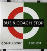 1950s/60s London Transport enamel BUS & COACH STOP SIGN (Bus 'Compulsory', Coach 'Request') from