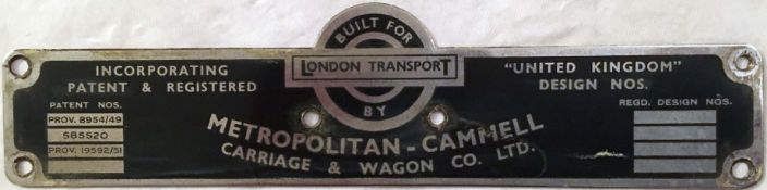 London Transport bus BODYBUILDER'S PLATE for Metropolitan Cammell Carriage & Wagon Co Ltd from one