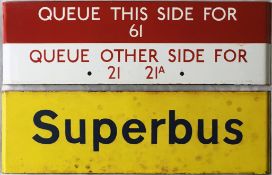 Pair of London Transport bus stop enamel Q/G-PLATES comprising 'Queue this side/other side' for