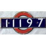 London Underground enamel STOCK-NUMBER PLATE from 1938-Tube Stock Driving Motor Car 11197. These