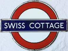 1930s London Underground enamel PLATFORM BULLSEYE SIGN from Swiss Cottage station on the Bakerloo (