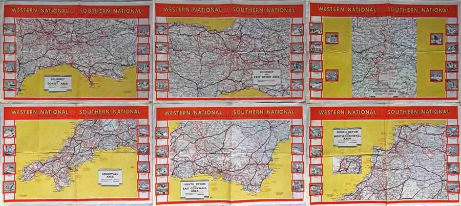 Set of circa 1950s ROUTE MAP POSTERS issued by Western National & Southern National, Proprietors