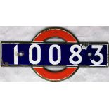 London Underground enamel STOCK-NUMBER PLATE from 1938-Tube Stock Driving Motor Car 10083. These