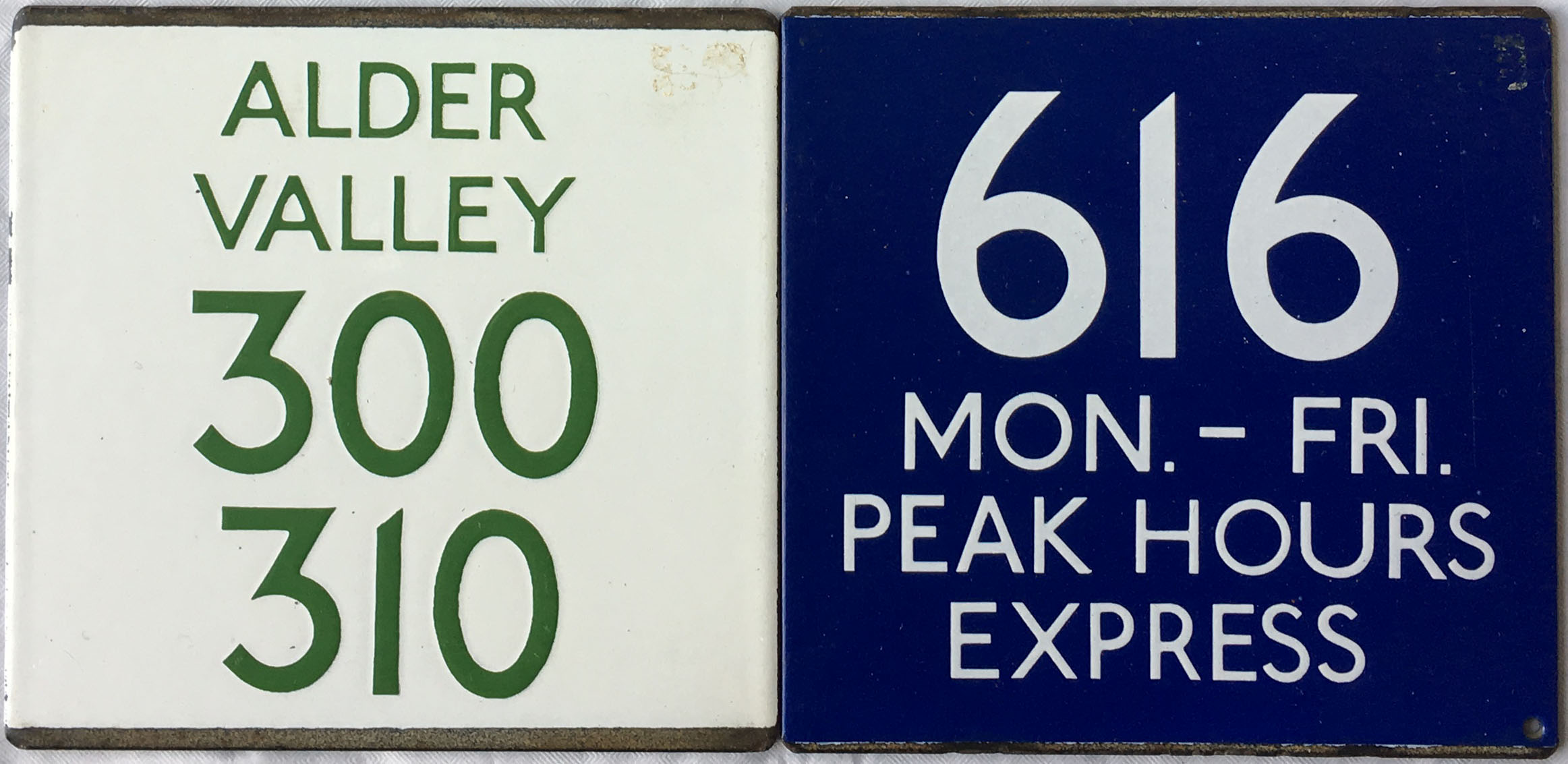 London Transport bus stop enamel E-PLATES for routes 616 Mon-Fri Peak Hours Express, with a blue