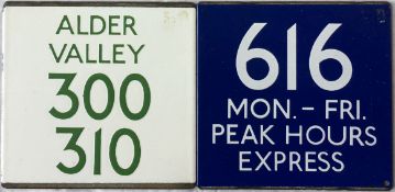 London Transport bus stop enamel E-PLATES for routes 616 Mon-Fri Peak Hours Express, with a blue