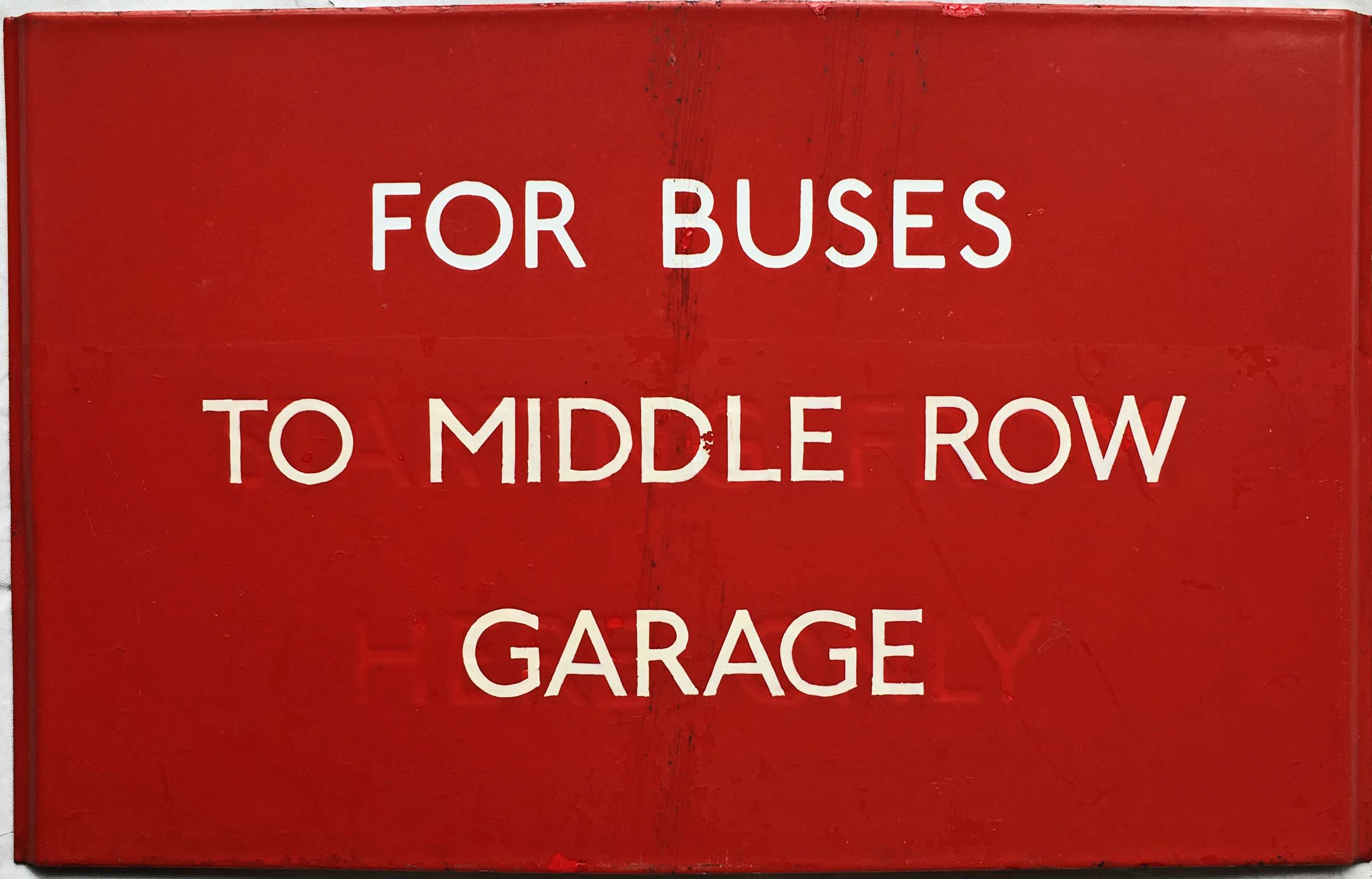 London Transport bus stop enamel G-PLATE "For Buses to Middle Row Garage". A G6-size plate (