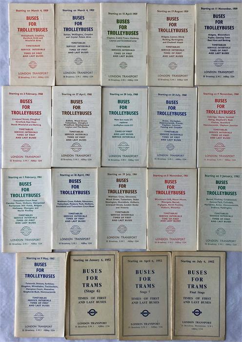 Full set (16) of London Transport 'Buses for Trolleybuses' TIMETABLE LEAFLETS covering the 14 stages