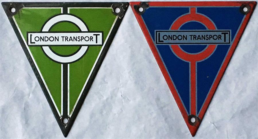 Pair of London Transport RT-type bus enamel RADIATOR BADGES, one from a Central Area (red) bus and