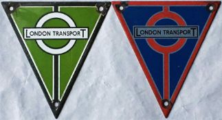 Pair of London Transport RT-type bus enamel RADIATOR BADGES, one from a Central Area (red) bus and