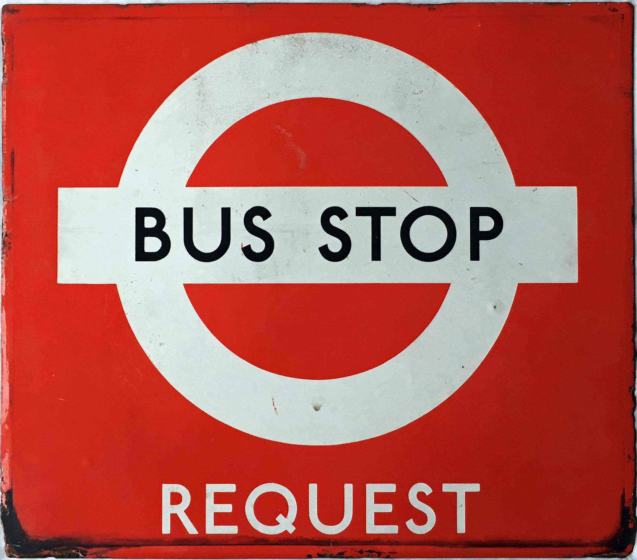 London Transport 1940s/50s enamel BUS STOP FLAG 'Request'. A single-sided sign measuring 17" x