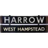 London Underground CO/CP Stock enamel DESTINATION PLATE for Harrow/West Hampstead on the