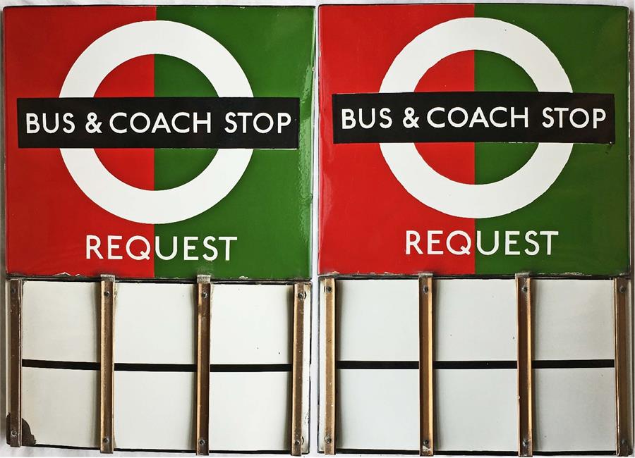 London Transport enamel BUS & COACH STOP FLAG (Request). A 1950s/60s 'bullseye'-style, E6-size,