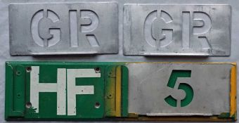 Pair of London Transport GARAGE ALLOCATION STENCILS for Garston (GR) garage plus a STENCIL PLATE